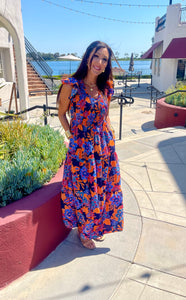 Dark Blue Boho Floral V Neck Ruffle Tiered Long Dress