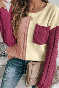 Rose Cream Colorblock Patched Pocket Sweater