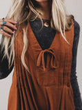 Cinnamon Solid Color Tie V Neck Sleeveless Corduroy Romper