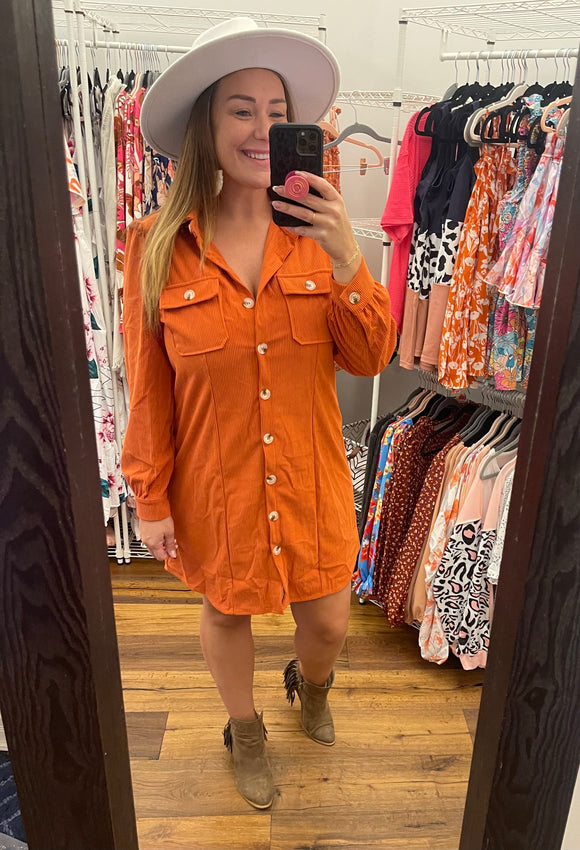 Burnt Orange Corduroy Button Down Dress