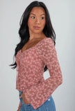 Peach Blossom Drawstring Knot Detail Floral Lace Blouse