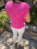 Hot Pink Pointelle Knit Patterned Scalloped Trim Short Sleeve Sweater