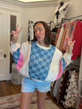 Sky Blue Oversized Checkered Denim Exposed Seam Patchwork Casual Sweatshirt