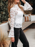 White Lace Crochet Bell Sleeve Mock Neck Blouse