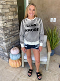 Black Stripe CIAO AMORE Graphic Buttoned Pullover Sweatshirt