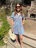 Denim Floral Print Short Sleeve Button Down Dress