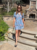 Denim Floral Print Short Sleeve Button Down Dress
