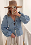 Denim Front Tie Puff Sleeve Top