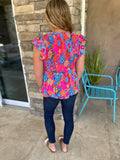 Rose Red Floral Print Smocked Ruffle Trim Flutter Sleeve Blouse