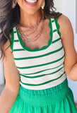 Bright Green Striped Scalloped Edge Ribbed Tank