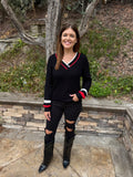 Black Contrast Striped Trim V Neck Sweater