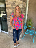 Rose Red Floral Print Smocked Ruffle Trim Flutter Sleeve Blouse