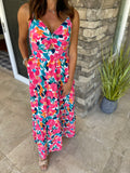 Rose Floral Twisted Smocked Back Tiered Maxi Dress