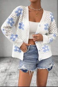 White Flower Knit Open Cardigan