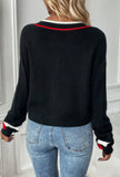 Black Contrast Striped Trim V Neck Sweater