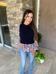 Black Contrast Floral Sleeve Peplum Sweater