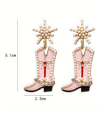 Strawberry Pink Pearl Decor Boots Shape Dangle Stud Earrings