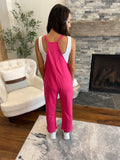 Pink Pocketed Adjustable Spaghetti Strap Straight Leg Jumpsuit