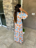 Sky Blue Floral Print Wrap Belted Maxi Dress