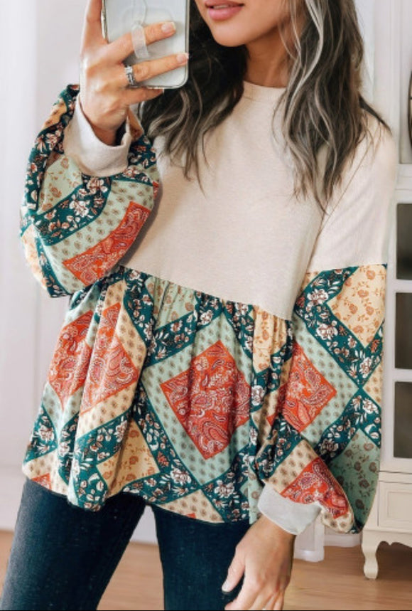 Paisley Geometric Patchwork Crew Neck Loose Fit Top