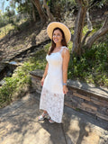 White Tie Spaghetti Straps Floral Lace Overlay Long Dress