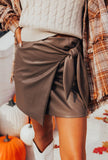 Coffee Bowknot Faux Leather Mini Skirt