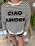 Black Stripe CIAO AMORE Graphic Buttoned Pullover Sweatshirt