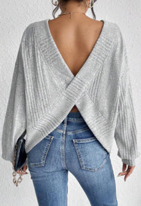 Light Grey Textured Crossover Backless Knit Long Sleeve