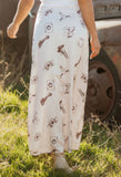Beige Western Print Satin Long Skirt