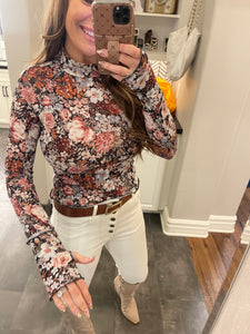 Brown Floral Long Sleeve High Neck Mesh Top