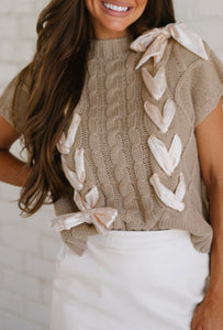 Taupe Cable Knit Satin Bowknot Short Sleeve Sweater