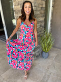 Rose Floral Twisted Smocked Back Tiered Maxi Dress