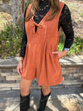 Cinnamon Solid Color Tie V Neck Sleeveless Corduroy Romper
