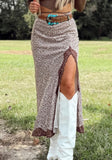 Brown Cheetah Print Trim Split Long Western Skirt