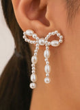 White Pearl Beaded Bowknot Studded Earrings