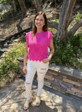 Hot Pink Pointelle Knit Patterned Scalloped Trim Short Sleeve Sweater