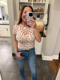 Red Allover Heart Print Mesh Short Sleeve Top