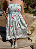 Floral Print Scalloped Trim Self-tie Straps High Waist Midi Dress