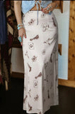 Beige Western Print Satin Long Skirt