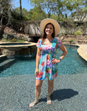 Blue Tropical Print V Neck Semi Sheer Beach Cover Up Dress