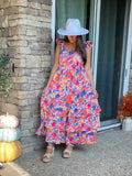 Coral Floral Print Sleeveless Ruffle Tiered Maxi Dress