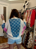 Sky Blue Oversized Checkered Denim Exposed Seam Patchwork Casual Sweatshirt