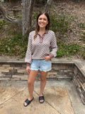 Brown Checkered Half Button Knit Sweater