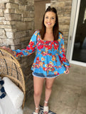 Blue Floral Smocked Blouse