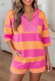 Pink/Orange Seam Detail Half Zip Tee Casual Shorts 2pcs Set