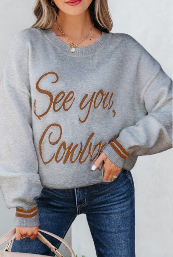 Light Grey See You Cowboy Embroidered Western Graphic Sweater