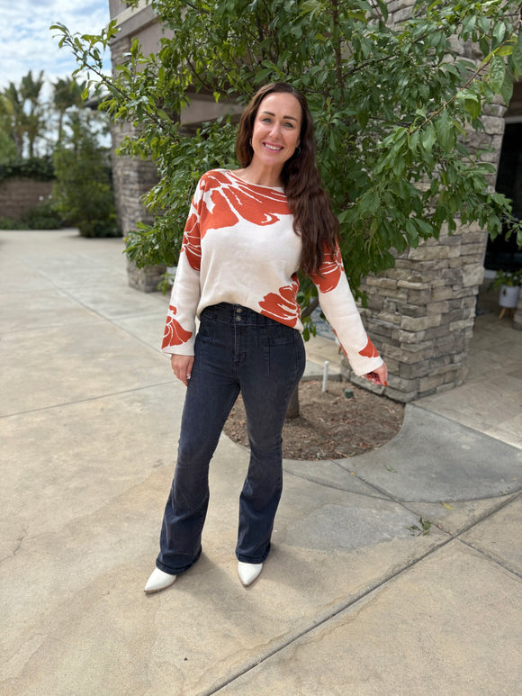 Burnt Orange Bold flower Wide Sleeve Sweater