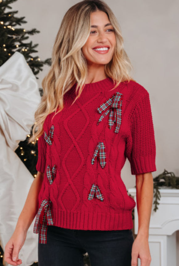 Fiery Red Plaid Lace up Detail Christmas Holiday Puff Short Sleeve Sweater