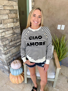 Black Stripe CIAO AMORE Graphic Buttoned Pullover Sweatshirt