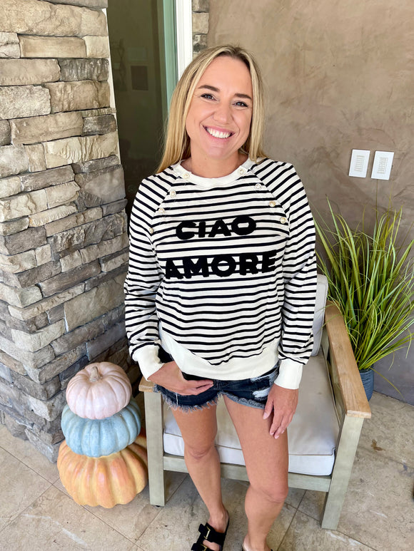 Black Stripe CIAO AMORE Graphic Buttoned Pullover Sweatshirt